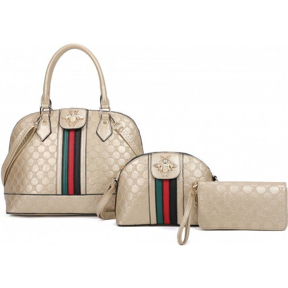 Gold 3 In 1 Embossed Bear Fashion Handbag Set
